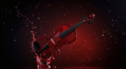 Fototapeta premium An elegant, vibrant violin crafted from fluid, creating a stunning, dynamic splash against a dark backdrop.