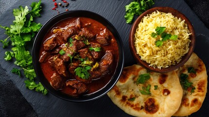 Indian mutton curry dinner jeera rice and naan bread garnished with coriander leaves rich and spicy North Indian cuisine top down angle on dark slate background