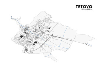 vector map of highway, buildings and waterway in tetovo, north macedonia with black and white theme colors 