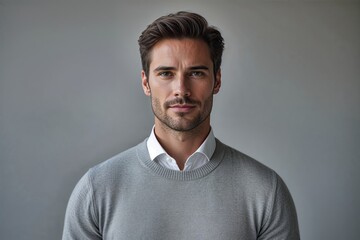 Obraz premium Stylish Businessman Portrait in Light Grey Sweater with Soft Background