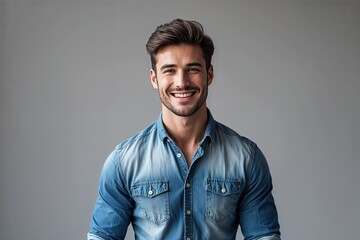 Obraz premium Handsome Young Businessman Smiling in Casual Denim Shirt on Gray Background