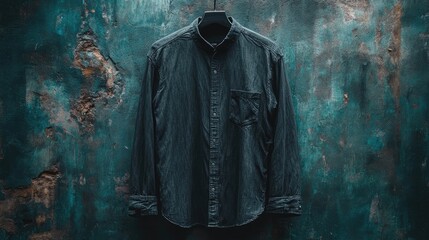 Naklejka premium Dark teal button-down shirt hangs on a hanger against a textured wall.