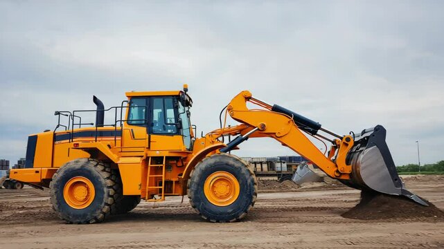 Heavy-duty yellow wheel loader scooping dirt at a construction site under a cloudy sky during the daytime, showing a large bucket.