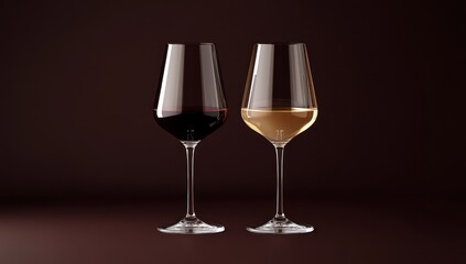 Two wine glasses one filled with red wine the other with white wine.