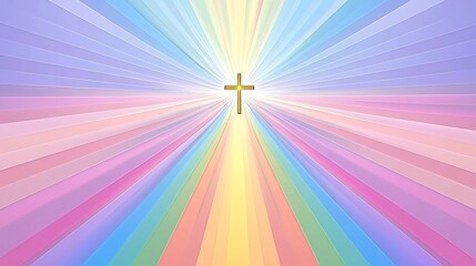 Fototapeta premium Make a gentle pastel rainbow gradient with a golden cross silhouette front and center reading Rejoice Easter 2025 plus space for uplifting text 