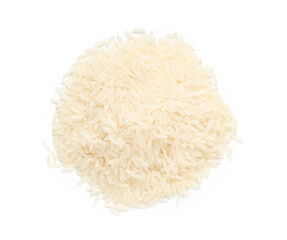 Heap of raw rice isolated on white background, top view