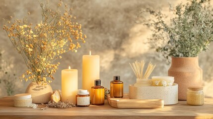 Candles essential oils and flowers displayed on a wooden surface
