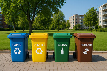Color-coded recycling bins for waste sorting outdoors