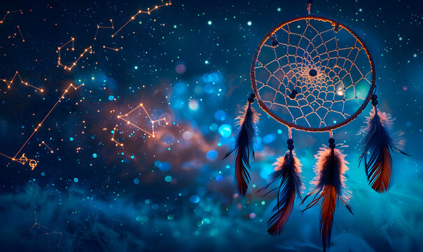 A dream catcher with feathers on a background of cosmic stars