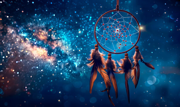 A dream catcher with feathers and stars in the night sky - Powered by Adobe
