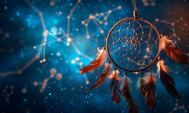 Dreamcatcher with feathers against cosmic starry background