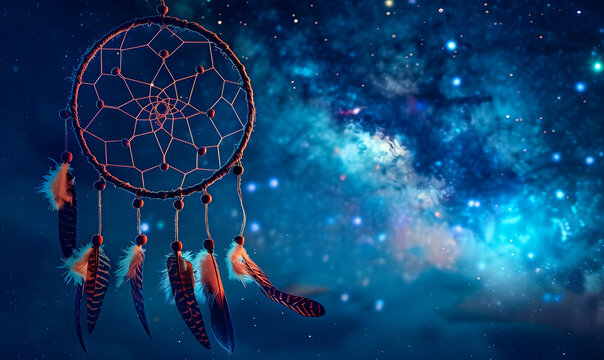 Dreamcatcher with feathers against cosmic starry background
