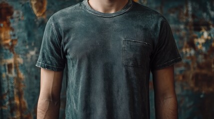 Close-up of a distressed, dark gray t-shirt on a man.