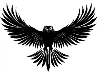 Obraz premium A black silhouette of an eagle with its wings spread on a white background