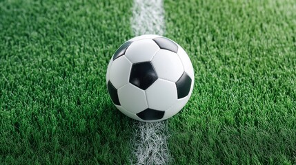 Naklejka premium Soccer ball centered on the field with vibrant green grass 