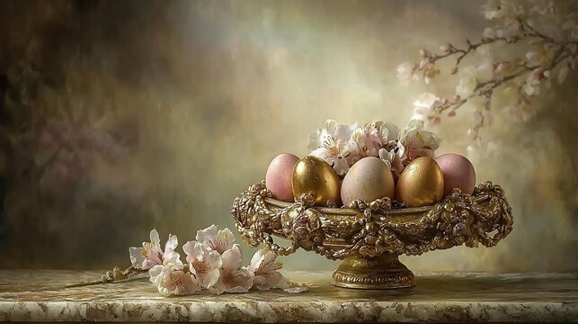 Merge an ornate gold wreath dotted with pastel eggs around a warm greeting for Easter 2025 with open space at the bottom for heartfelt notes 