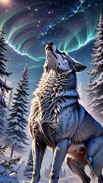 Majestic wolf with shimmering silver fur gazes upward amidst a snow-covered pine forest with the northern lights above