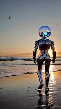 A chrome android with a head that is an aquarium walking towards the sea