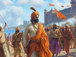 Obraz premium AI-generated illustrations of Chhatrapati Shivaji Maharaj, the legendary Maratha warrior king of Maharashtra, depicting his valor, leadership, and historical significance.