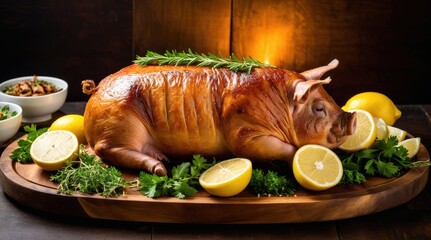 A beautifully roasted suckling pig garnished with fresh rosemary, lemon slices, and parsley on a wooden platter, surrounded by bowls of herbs and vegetables