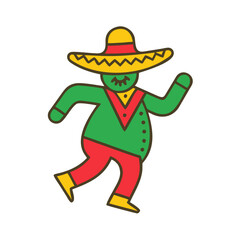 Mexican man dancing joyfully in traditional costume and sombrero , icon