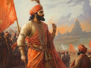 Fototapeta premium AI-generated illustrations of Chhatrapati Shivaji Maharaj, the legendary Maratha warrior king of Maharashtra, depicting his valor, leadership, and historical significance.