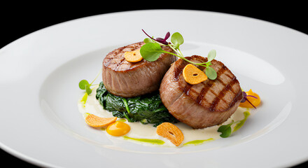 Gourmet Grilled Steak Medallions with Spinach Creamy Sauce and Garlic Garnish