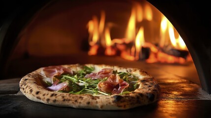 Golden-brown pizza with prosciutto and arugula, fresh from the wood-fired oven - rustic appetizing charred