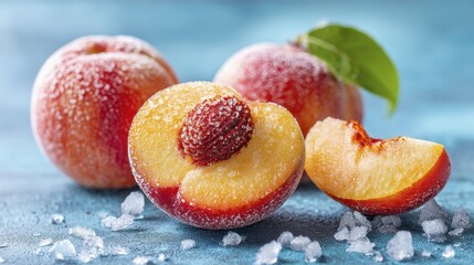 Sun-kissed peaches, fuzzy skin, juicy orange flesh, ready to eat - background garden vibrant