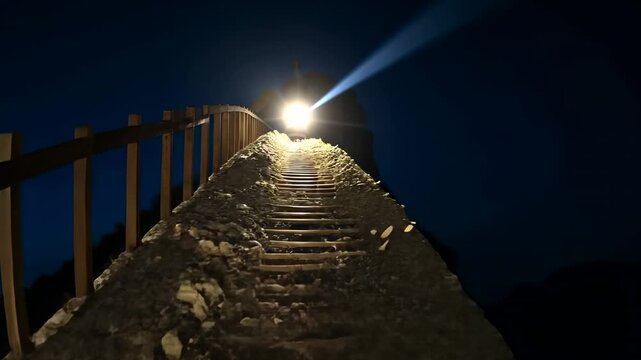 Illuminated Mountain Staircase At Night With Lantern And Spotlight Aimed Towards The Peak