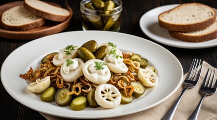 A plate of dumplings garnished with fried onions, pickles, and parsley, accompanied by crispy biscuits on a white dish set against a dark wooden table