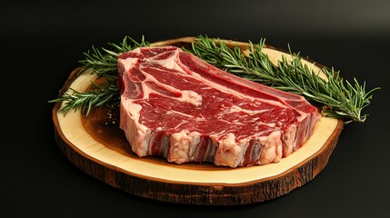 A raw t bone steak garnished with rosemary sprigs on a wooden board against a black background surface