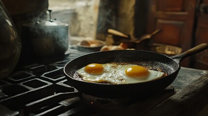 Two fried eggs cooking in a cast iron skillet on a stove top in a rustic kitchen setting indoors