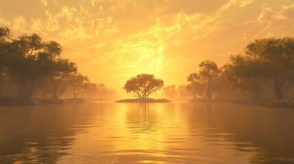 Golden Sunset Serenity: Island Tree in Misty River Landscape