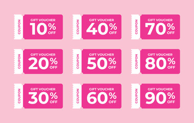 Contains nine pink gift voucher coupons with 10 20 30 40 50 60 70 80 and 90 percent off.
