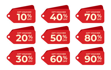 Nine red gift voucher tags with percentages off.