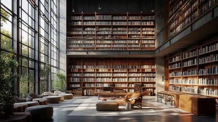 Modern library with expansive bookshelves and natural light.