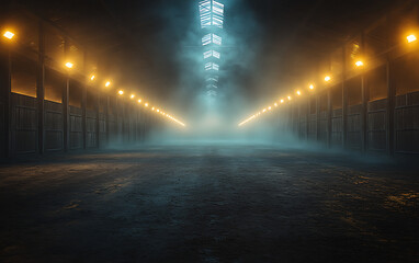 Mysterious dark hallway with fog and dramatic lighting effects
