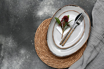 Beautiful table setting with skimmia japonica plant on dark background