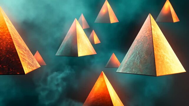 Ethereal pyramids: a glowing enigma in smoky depths