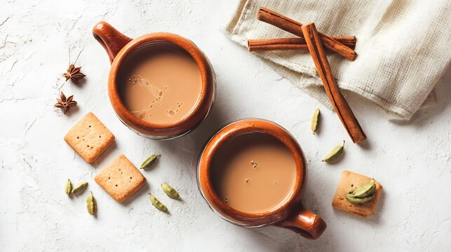 Refreshing Indian masala chai clay cups with cardamom ginger and cinnamon sticks classic hot drink setup with biscuits on white textured background morning tea top view