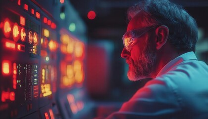 A technician monitoring the output of a geothermal energy system in a control room, Geothermal Power, Sustainable and advanced