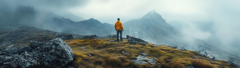 A technician performing maintenance on a large wind turbine in a mountainous area, Wind Energy, Renewable and powerful