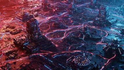 Deep web concept with Futuristic city view with red and blue lights, perfect for scifi themed projects, urban design concepts, and technology backgrounds.