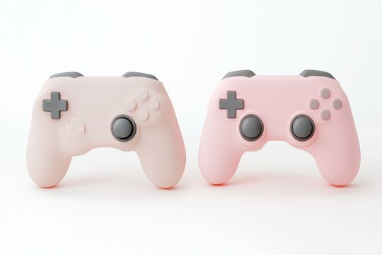 Two pink and light-pink gaming controllers placed against a white background, side-by-side.