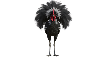 Striking plumage of an Ayam Cemani rooster against pristine white background