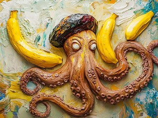 Colorful octopus surrounded by bright bananas showcasing playful sea life vibrant marine art