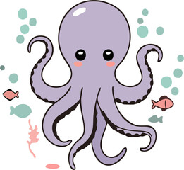 Cute Kawaii Purple Octopus Vector Illustration with Sea Life Elements