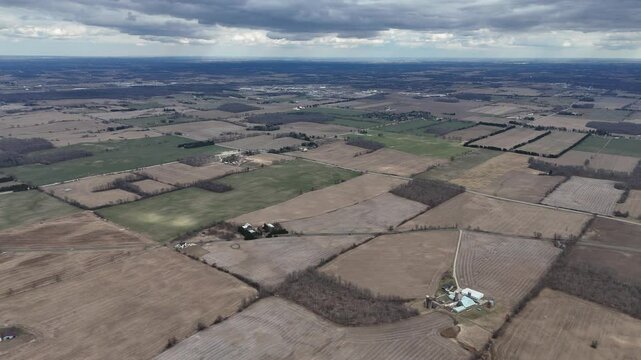 Aerial view of Kitchener, Ontario showing scattered rural houses nestled among vast farmlands