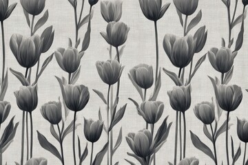 Detailed botanical monochrome pattern featuring tulips. The image is a dense pattern and elegant grayscale floral design.